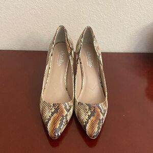 CHARLES BY CHARLES DAVID Beige Python Embossed Vasto Flare Slip On Heels 8.5M